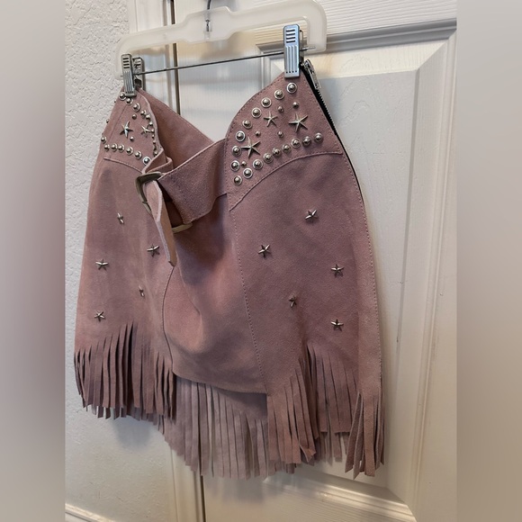 Women’s Understated Leather Revolve Star Suede Fringe Chap Skirt Tan, M - Picture 6 of 11